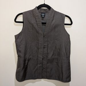 Eileen Fisher Petite Vest Metallic Silver 100% Silk  Button Pockets Sz PS Small